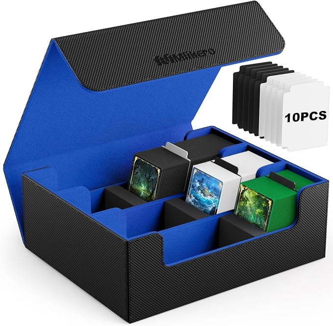 Mlikero Trading Card Storage Box, Bulk Card Storage for 1800+ Sleeved Cards, PU Leather Magnetic Closure Card Organizer with 10 Dividers & 3 Foam Stoppers, Fit for MTG, TCG and Sports Cards (Blue) by Mlikero
