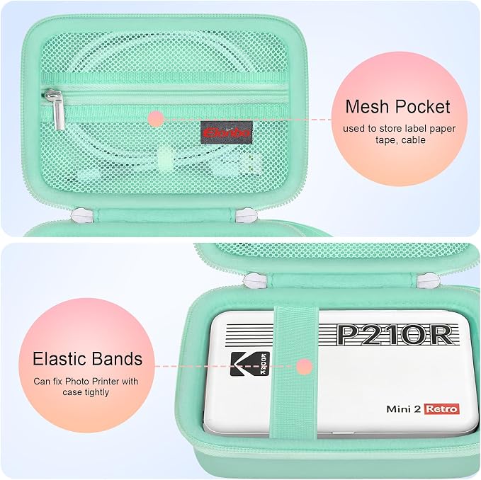 Elonbo Carrying Case for KODAK Mini 2 Retro 2x3 Portable Photo Printer | Bluetooth Smartphone Instant Color Printer Hard Travel Protective Bag, Mesh Pocket fits Cartridge Photo Paper Sheets, Green - Image 3