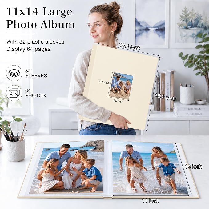 Aevdor 11x14 Photo Album and Art Portfolio, 64 Photos, Linen Cover, Beige | Front Display Window, Clear 11x14 Sleeves for Oversized Prints, Certificates, Artwork & Drawings - Image 3