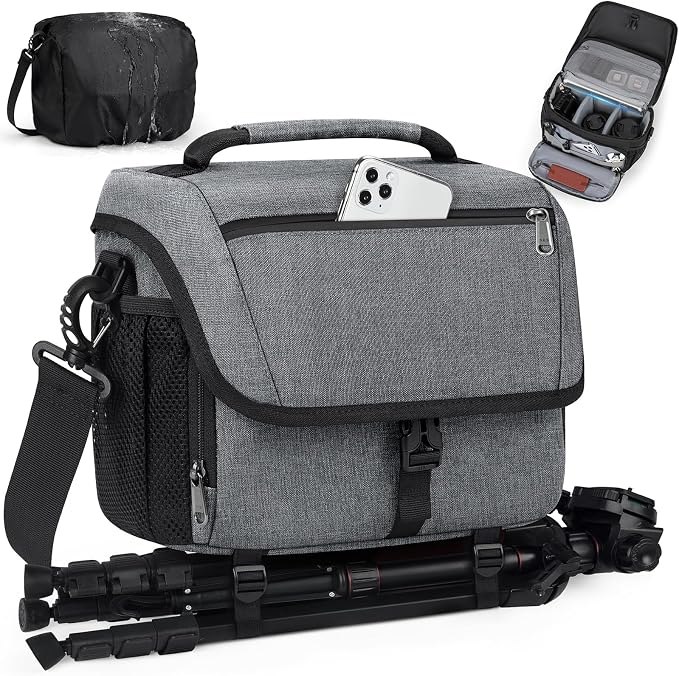 RAINSMORE Camera Bag, DSLR SLR Mirrorless Camera Case for Photographer | Waterproof Camera Sling Bag with Rain Cover & Tripod Holder Soft Padded Crossbody Camera Bag for Sony Canon Nikon Fujifilm by RAINSMORE
