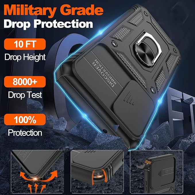 Gritup for Samsung Galaxy S21 FE 5G Case with 2PCS Screen Protector, Build in 360° Rotating Ring Kickstand, Military Grade Protective Case for S21 FE Phone, Black - Image 3