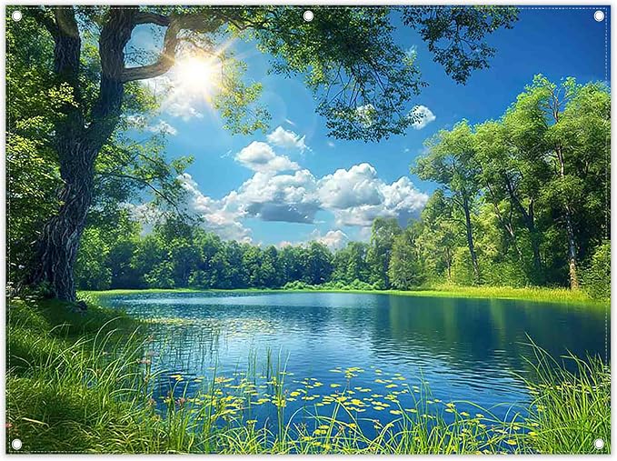 Fabric 8x6ft Lake Natural Scenery Backdrop River Camp Banner | Mountain Forest Tree Blue Sky Bokeh Photography Background, Picnic Hiking Party Decorations, Spring Outdoor Photo Props by ZTHMOEBACKDROP
