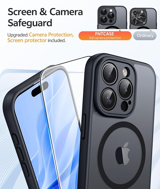 FNTCASE for iPhone 15 Pro Case, Fit for Magsafe, Screen Protector, Black | Full Camera Protection, Translucent Matte, 14FT Military Grade Drop Proof, Shockproof Protective Phone Cover - Image 5