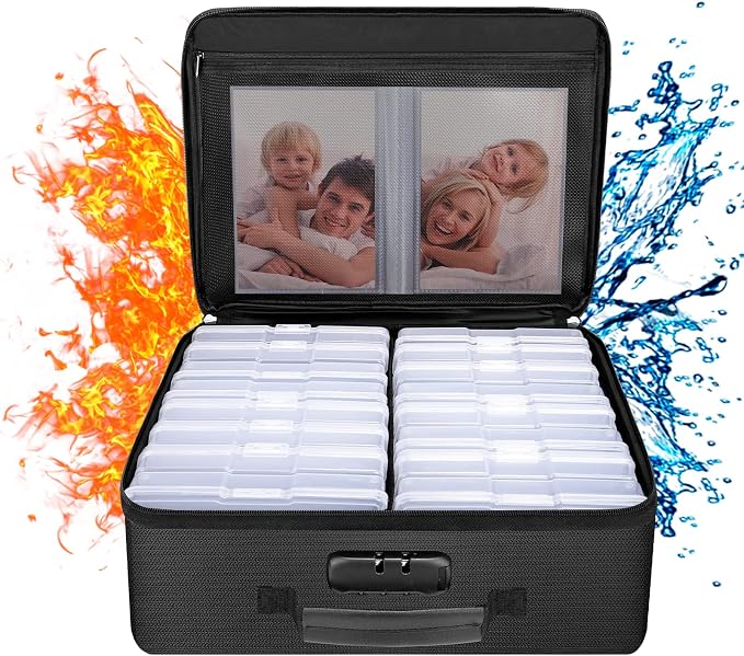 ENGPOW Fireproof Photo Storage Box with 16 Inner 4" x 6" Photo Case(Clear),Photo Box Organizer with Lock,Collapsible Portable Photo Storage Containers with Handle for Photos,Picture,Valuables by ENGPOW