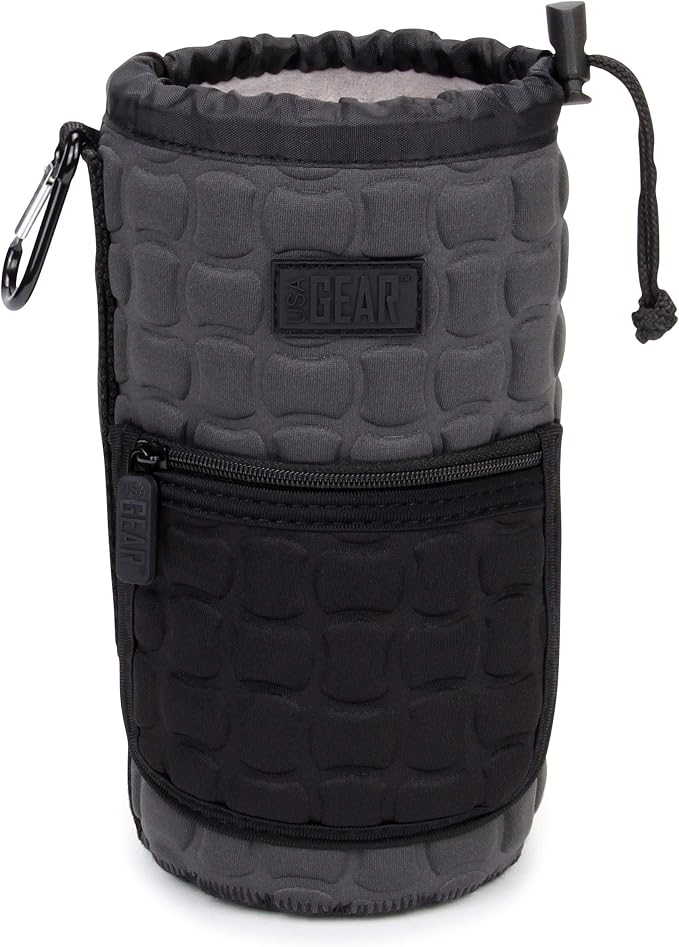 USA Gear FlexARMOR-X Large Lens Case Pouch with Deluxe Padded Neoprene Protection - Fits Camera Lenses up to 7.87" x 3.80", Drawstring Opening, Carabiner Clip, Zippered Storage Pocket by USAGEAR