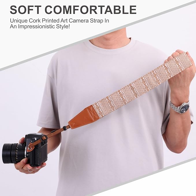 Padwa Lifestyle Cork Camera Strap - 2" Top Layer Cowhide Head Camera Straps for Photographers,Natural Log Crackle Art Print Style,Soft Chamois Velvet Padded Strap Quick Release fits All Cameras - Image 5