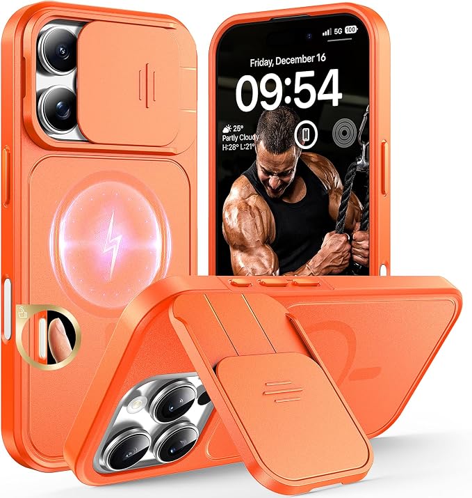 TOCOL for iPhone 16 Pro Max Case with Slide Camera Cover, Kickstand and Camera Control Button, Fit for MagSafe, Rugged Solid Phone Case, Non-Slip, Drop Protection, Orange by TOCOL