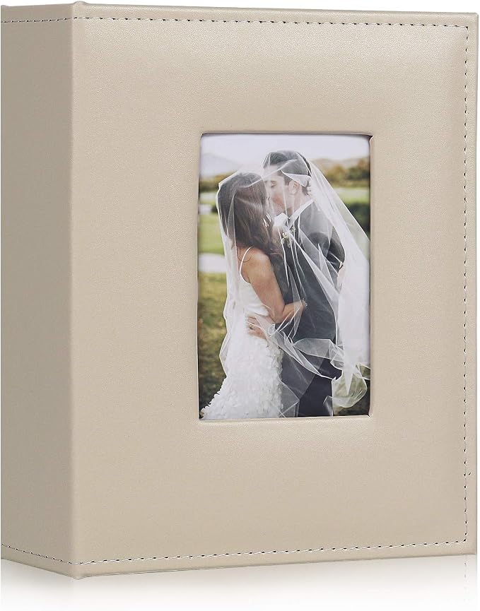 RECUTMS Photo Album 4x6 200 Pockets Leather Cover Wedding Photo Book Beige | Black Page, Horizontal Pockets, Small Albums for Family Anniversary Travel, DIY Cover Window, Baby Photobook, Slip-in Picture - Image 4