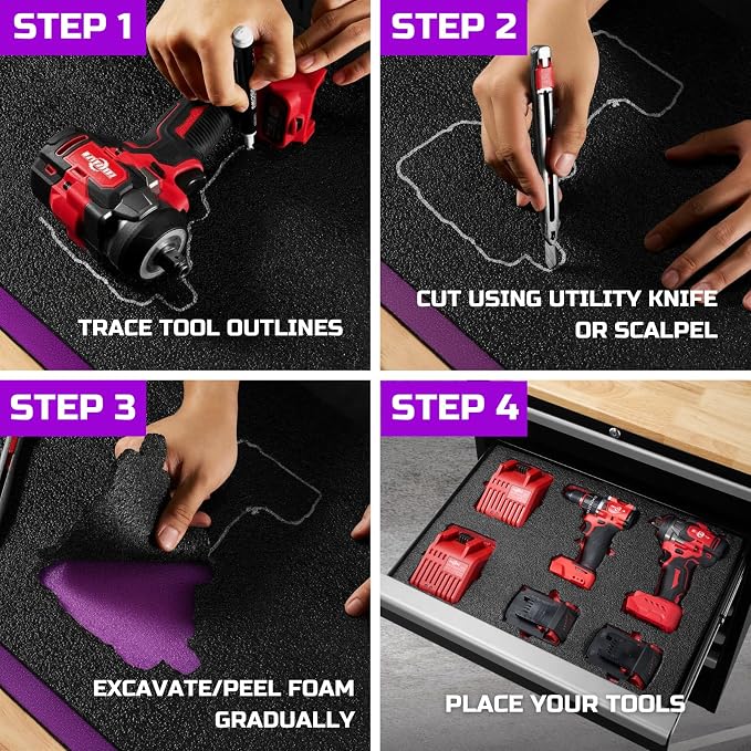 ONREVA Tool Box Foam Organizer 48x24x2 inch 1PC, Kaizen Sheets for Pro Tool Control, Custom Tool Shadow Inserts for Cases & Drawers, High Density Polyethylene Foam, Black with Purple - Image 4