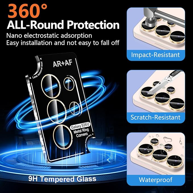 for Samsung Galaxy S26 Ultra Camera Lens Protector, Individual Metal Ring Tempered Glass Lens Cover, [Strong Adsorption] Scratch Resistant Ultra-Thin HD Clear Lens Cover, 1 Set-Gold Ring - Image 2