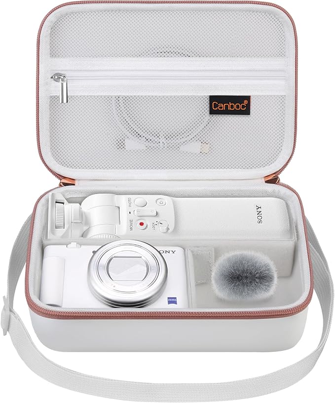 Canboc Carrying Case for Sony ZV-1F/ ZV-1/ ZV-1 II Digital Camera, White | Vlogger Accessory Kit Tripod Travel Storage Bag with Strap, Mesh Pocket fit Cable (Case Only) by Canboc