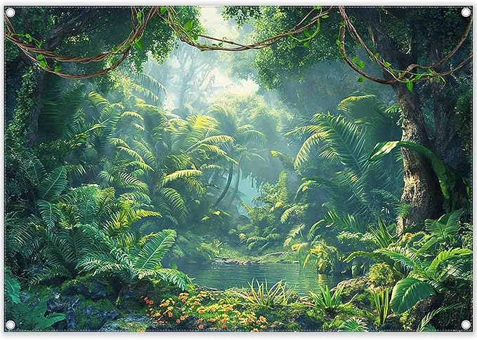 Fabric 7x5ft Jungle Forest Photography Backdrop Rainforest Banner | Tropical Natural Scenery River Background, Summer Adventure Party Decorations, Kids Adult Photo Props, Polyester, Grommets by ZTHMOEBACKDROP