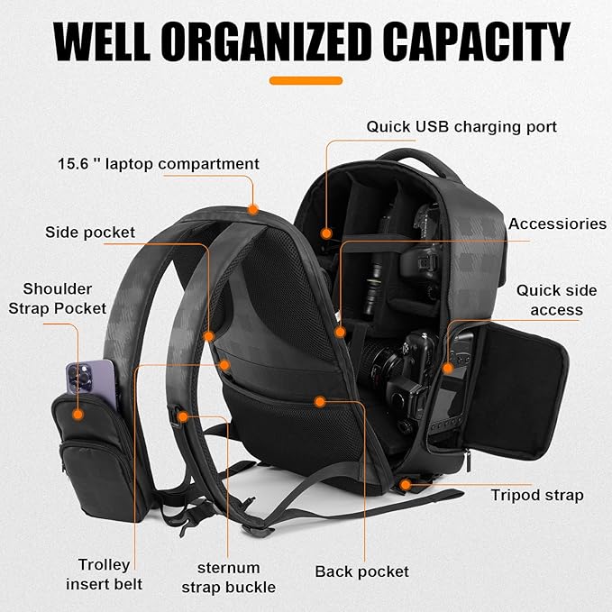 Cwatcun Camera Backpack Large PU Leather, DSLR Bag Case with Tripod Holder | DSLR/SLR/Mirrorless Canon/Nikon/Sony/Fuji Camera Bag for Photographers.Fits 2cameras + 6 lenses + 15.6" laptop + drone. - Image 3