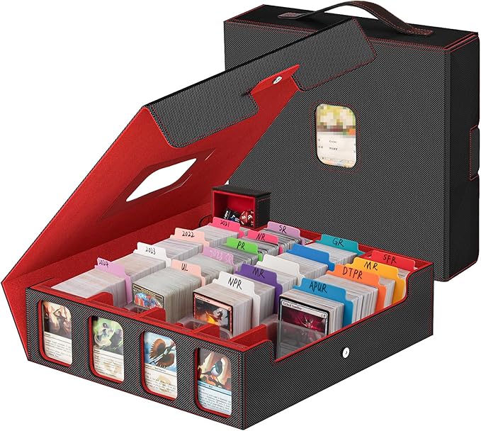 4-Row Trading Card Storage Box, Holds 3200+ Cards [US Patent], Black & Red | Large Capacity, Portable Handle & Display Windows, Compatible with MTG, Commander, Sports Cards and Other Standard TCG Cards by Gomyrod