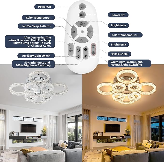Modern Ceiling Light, 8 Rings 26.8'' Dimmable LED 106W Flush Mount Ceiling Lights with Remote Acrylic Crystal Round Ceiling Light Fixture, Bedroom Living Room Dining Room, Chrome - Image 8