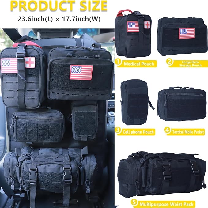 Universal Tactical Car Seat Back Organizer Bag Tactical Molle Vehicle Organizers Panel Vehicle Protector Organizers with 5 Detachable Pouches for Car Truck Ford Jeep (Upgraded D model Black) - Image 4