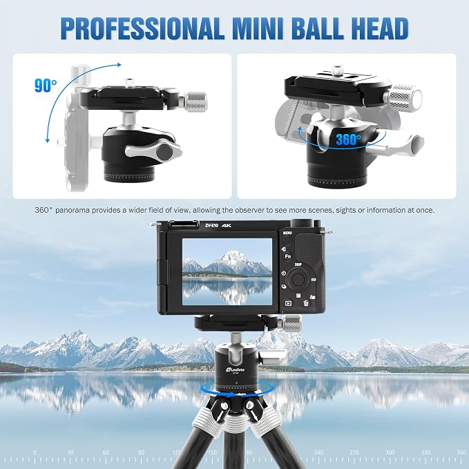 LEOFOTO Carbon Fiber Mini Table Tripod with Ball Head for Camera, Lightweight Desktop Tripod with Base, 1/4" Arca QR Plate for Phone Adaptor/Projector, Max Height 10.43", Max Load 11LB, MT-02C Plus - Image 4