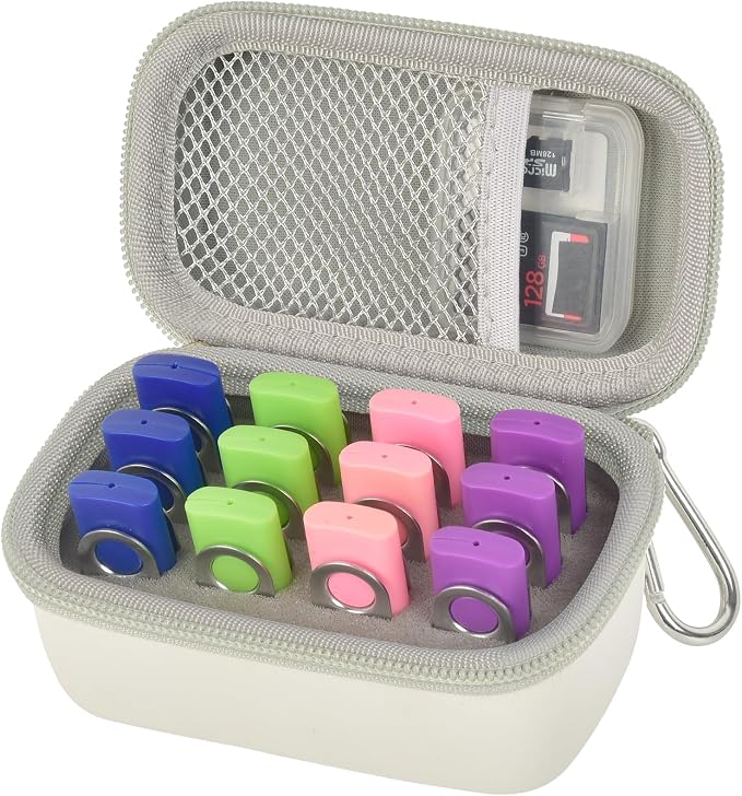 Comecase 12-Slot USB Flash Drive Case with Carabiner and SD Card Pocket | Hard Shell and Removable Foam Cushion Drives Against Drops for Work, School and Travel, White, Small, Case Only by COMECASE