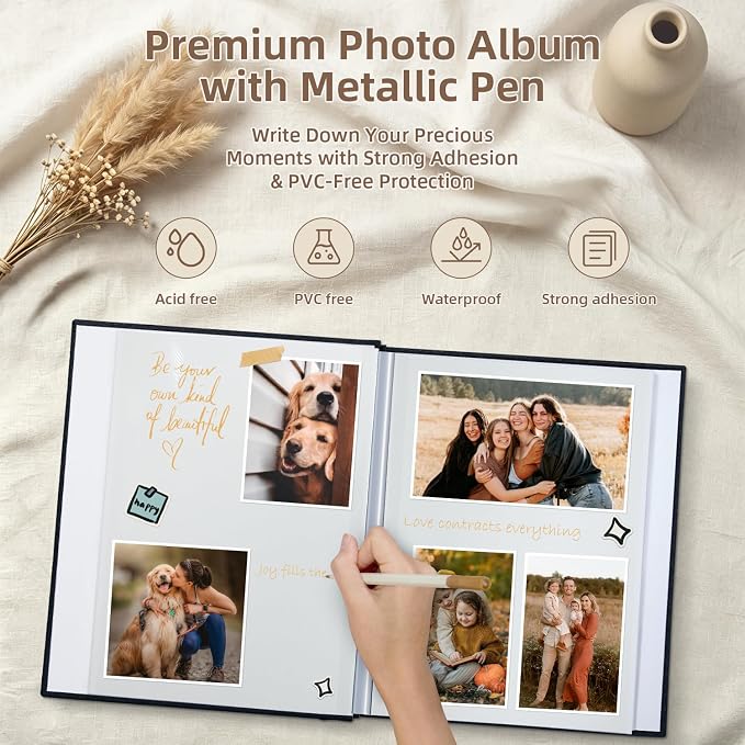 Popotop Photo Album Self Adhesive with Picture Display Window,40 Pages DIY Scrapbooking Supplies Kit for 4x6 10x12 Picture,Linen Cover Memory Book for Baby Wedding, with Scraper and Metallic Pen - Image 4