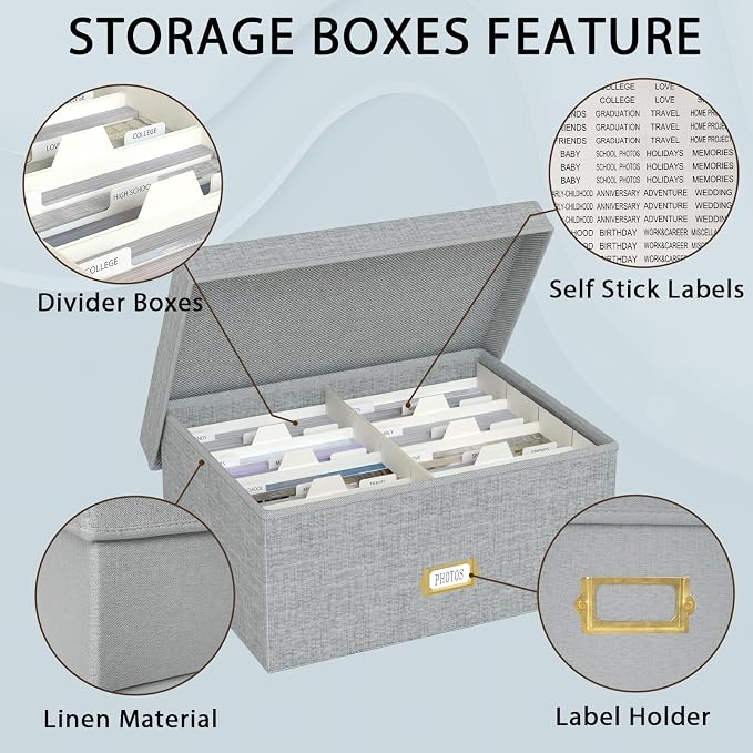 Decorative Photo Storage Box, Linen Photo Box Holds 1700 5x7 Pictures Grey | Photo Storage Containers with 8 Dividers, Memory Keepsake Organizer for Photos, Scrapbook Supplies, Cards, Stamps,Archive Box - Image 3