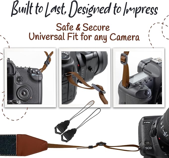 Camera Strap - Shoulder, Crossbody & Neck Camera Strap for Photographers, Fits All Cameras, Canon Nikon Sony Fujifilm, Padded Strap W/ Quick Release, Embroidered Cotton & Leather Ends, Blue Jeans - Image 7