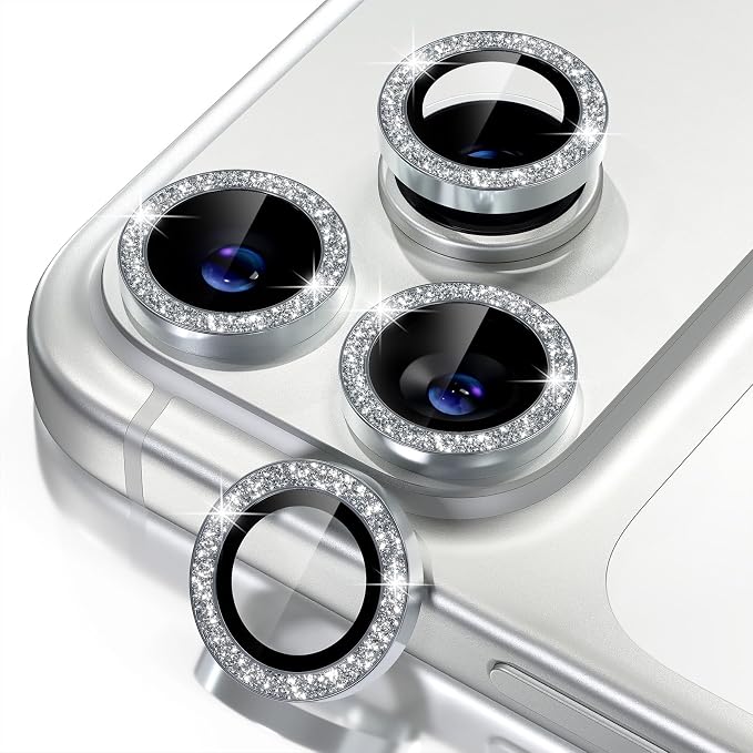 Misea Compatible for iPhone 17 Pro/iPhone 17 Pro Max Camera Lens Protector | 9H Tempered Glass Ultra HD Bling Camera Screen Protector Cover Metal Individual Ring Decoration Accessories, Silver Glitter by Misea
