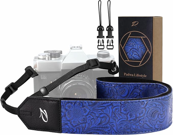 Padwa Lifestyle Camera Strap - 2" Blue Faux Leather Carving Camera Straps with Full Grain Leather Ends for Photographers, Vintage Soft Suede Fabric Padded Strap Quick Release fits All Cameras by PadwaLifestyleCameraStrap