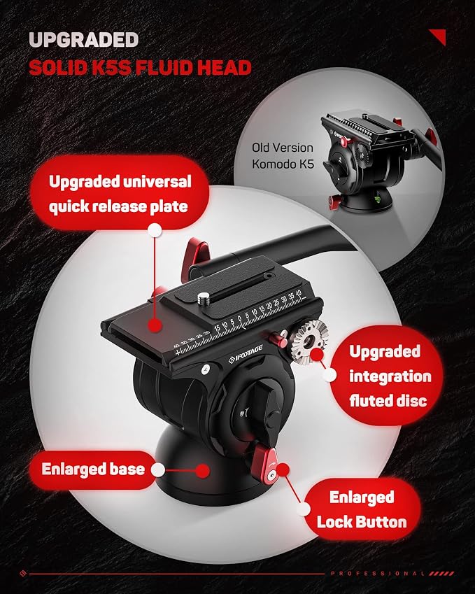 IFOOTAGE Komodo K5S Fluid Head Video Head Pan Tilt Mount | Aluminum Fluid Head Mount for DSLR Camera Camcorder Monopod Tripod, Professional Pan Tilt Tripod Head, Payload 5KG/11lb - Image 8