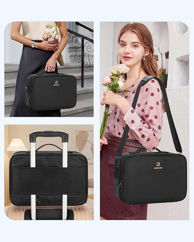 Relavel Makeup Bag Travel Train Case Cosmetic Organizer with Divider, Black | Large Storage Box with Adjustable Dividers and Brush Compartment for Cosmetics, Toiletries, Nail Polish, Jewelry, Electronic - Image 6