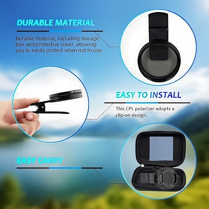 52mm Clip-on CPL Phone Camera Lens Filter, Universal Polarizing Filter with Clip Kit, Compatible with iPhoneSamsung/Android Smartphones - Image 5