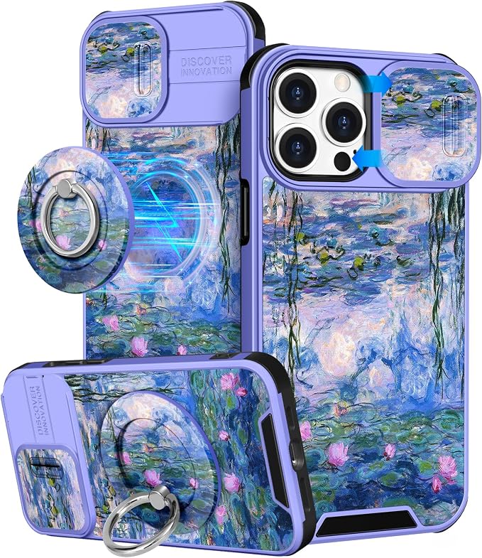 Buleens for iPhone 14 Pro Max Case 6.7 Inch - with Ring Stand & Camera Cover Aesthetic Cute Designed Women Girls Girly Kawaii Blue Water Lily Phone Case for iPhone 14 Pro Max Compatible with Magsafe by Buleens