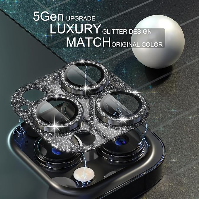 Choiche for iPhone 15 Pro/iPhone 15 Pro Max Camera Lens Protector | Bling Camera Cover with 9H Tempered Glass Lens Screen Protector Metal Ring Decoration Accessories (Glitter-Black) - Image 3