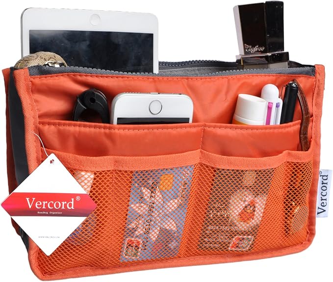 Vercord Purse Organizer Insert for Handbags Bag Organizers Inside Tote Pocketbook Women Nurse Nylon 13 Pockets Orange Small - Image 2