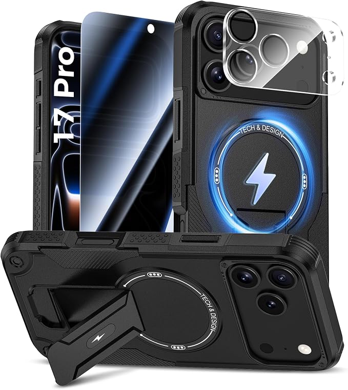 Goton 3 in 1 for iPhone 17 Pro Case with Privacy Screen Protector Black | Glass Camera Lens Protector,Compatible for MagSafe,Invisible Kickstand, Shockproof Phone Cover for iPhone 17Pro by Goton