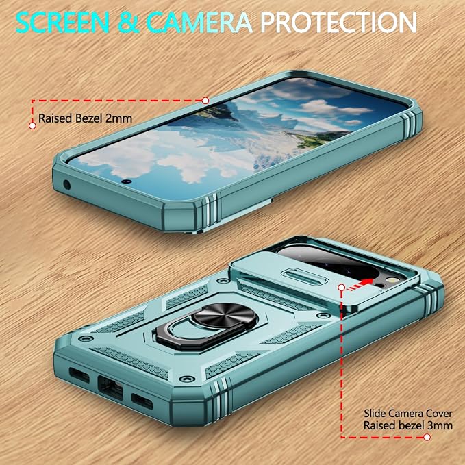 Case for Google Pixel 10 Pro XL/Pixel 9 Pro XL, with 3 Pcs Tempered Glass Screen Protector Built in Ring Stand Kickstand + Camera Cover, Hard PC Soft TPU Defender Full Body Protective Case - Green - Image 7