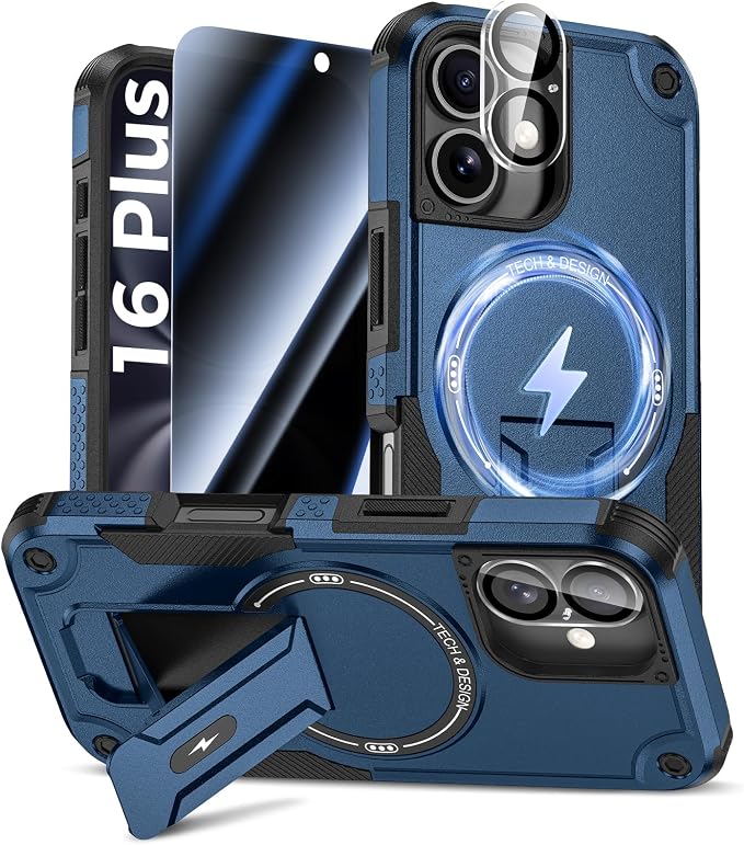 Goton 3 in 1 for iPhone 16 Plus Case with Privacy Screen Protector Blue | Glass Camera Lens Protector,Compatible for MagSafe,Invisible Kickstand, Shockproof Phone Cover for iPhone16 Plus by Goton