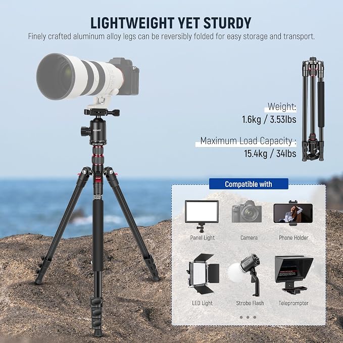 NEEWER 77" Camera Tripod Monopod with Cell Phone Holder Compatible with iPhone for Video Recording, Compact Aluminum Travel Stand with Ball Head QR Plate Bag Cleaning Cloth, Max Load 34lb, TP77 - Image 2