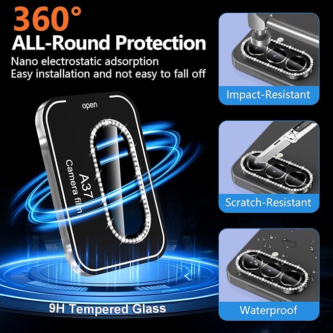 for Samsung Galaxy A37 Camera Lens Protector, Individual Metal Ring Tempered Glass Lens Cover, [Strong Adsorption] Scratch Resistant Ultra-Thin HD Clear Lens Cover, 1 Set-Black Diamond - Image 2