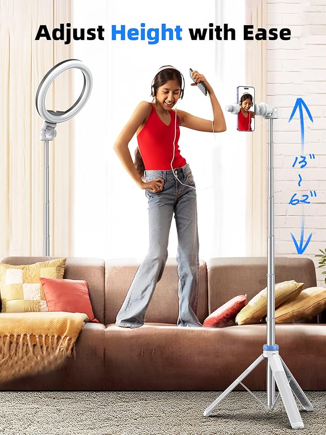 Kaiess 62" Phone Tripod & Selfie Stick, Extendable Photography Light Stand with Wireless Remote, Solidest, Portable, Lightweight, Compatible with iPhone/Android Phone (White) - Image 3