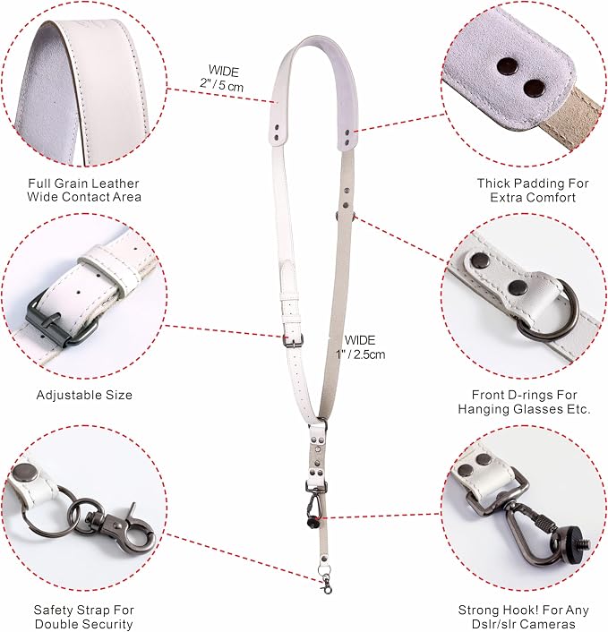 Padwa Lifestyle White Single Camera Harness Strap for One Camera - Professional Single Full Grain Leather Camera Harness with Thick Padded,Quick Release Gear DSLR Camera Straps for Photographers - Image 3