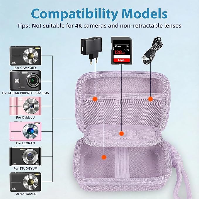 Digital Camera Case Compatible with VAHOIALD FHD 1080P/ for CAMKORY Digital Point and Shoot/for KODAK PIXPRO FZ45-BK 16MP Vlogging/for IWEUKJLO/for Nsoela, Holder for SD Card More (Purple) - Image 3