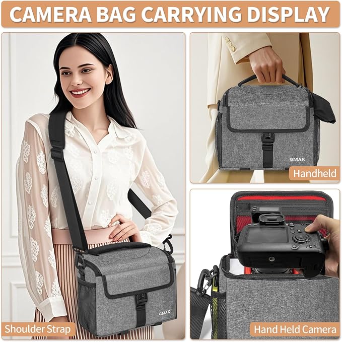 Camera Carrying Case, Camera Storage Bags Anti-Shock Crossbody Camera Case | Compatible for Canon, Nikon, Sony, Fuji DSLR/SLR/Mirrorless Cameras, Lens and Accessories, 9''× 4.7''× 7.5'', Grey - Image 7