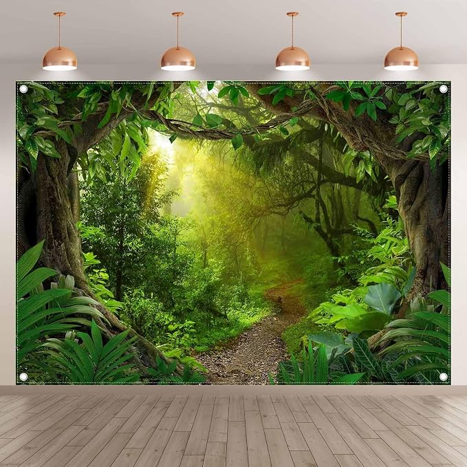 7x5ft Jungle Forest Photography Backdrop Rainforest Background | Tropical Kids Adults Party Supplies, Natural Scenery Banner, Safari Photo Booth, Polyester, Grommets, 1PC - Image 2