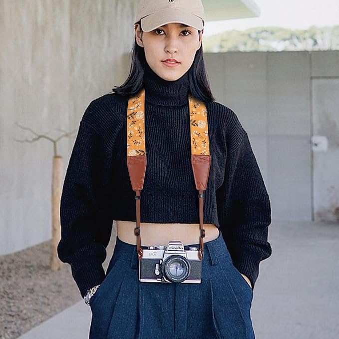 Padwa Lifestyle Camera Strap - 2" Full Grain Leather Ends Camera Straps for Photographers, Vintage Embroidered Cotton Weave Soft Suede Fabric Padded Strap Quick Release fits All Cameras - Image 5