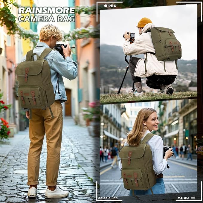 RAINSMORE Camera Backpack, DSLR SLR Mirrorless Camera Bag for Photographer | 15.6 Inch Vintage Canvas Camera Case with Laptop Compartment & Tripod Holder & Rain Cover for Sony Canon Nikon Fujifilm Green - Image 3