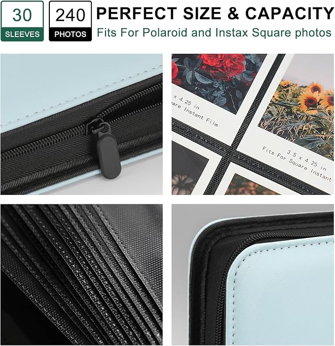 Large Polaroid Photo Album Binder, 240 Pockets. Sky Blue | Fits Polaroid i-Type, 600, SX-70 and Instax Wide 3.5x4.25 films. Acid-free pages protect photos for long-term storage. - Image 5