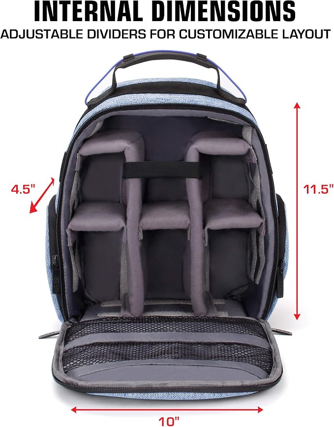 USA Gear Portable Camera Backpack for DSLR with Customizable Accessory Dividers, Weather Resistant Bottom and Comfortable Back Support - Compatible with Canon, Nikon, Sony, Fujifilm, and More (Blue) - Image 4