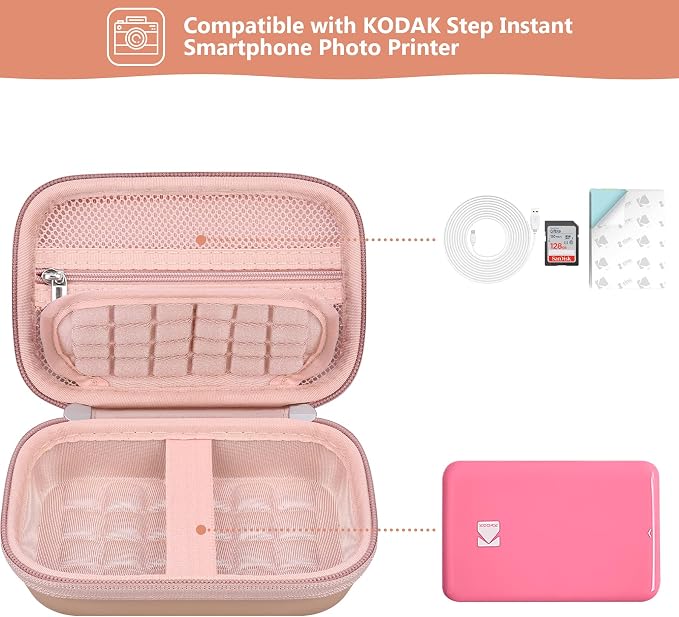 Hard Carrying Case for Kodak Step Instant Smartphone Photo Printer - Portable Mini Color Wireless Mobile Printer, Zipper Mesh Pocket for USB Cable, Photo Paper, Rose Gold - Image 2