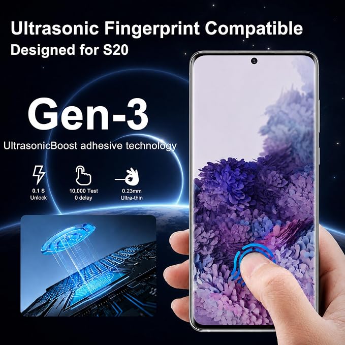3 Pack for Samsung Galaxy S20 Screen Protector | Ultrasonic Fingerprint Unlocking, 9H Hardness Tempered Glass, 3D Curved Full Coverage, Anti-Scratch, Case Friendly, HD Clear - Image 2