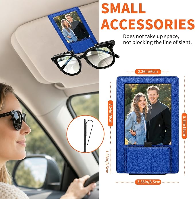 2-in-1 Car Visor Sunglasses & Photo Holder, Magnetic PU Leather Glasses Clip with Picture Display Slot, Universal Sun Visor Organizer for Eyeglasses, Personalized Cards & Memories, Royal Blue - Image 5